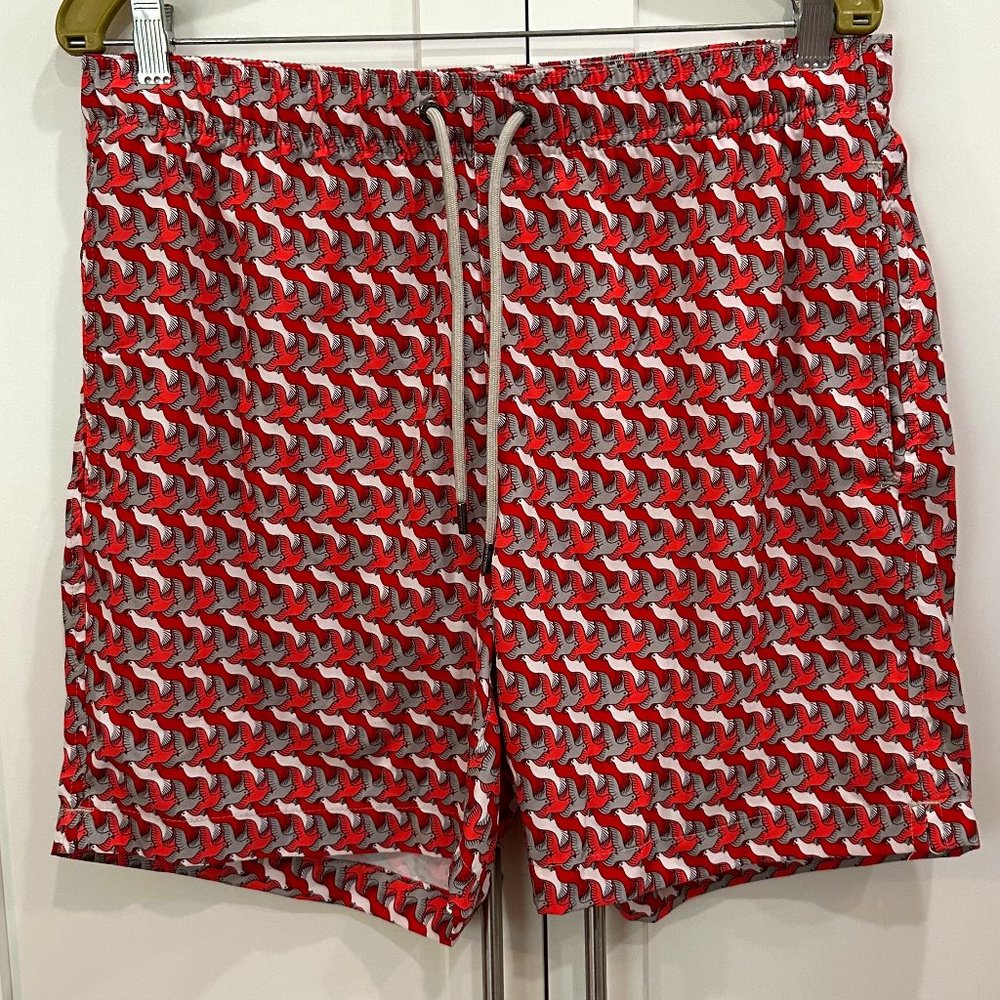 Mr. Swim Men's Bathing Suit, Red with Gray, Pink & White Doves